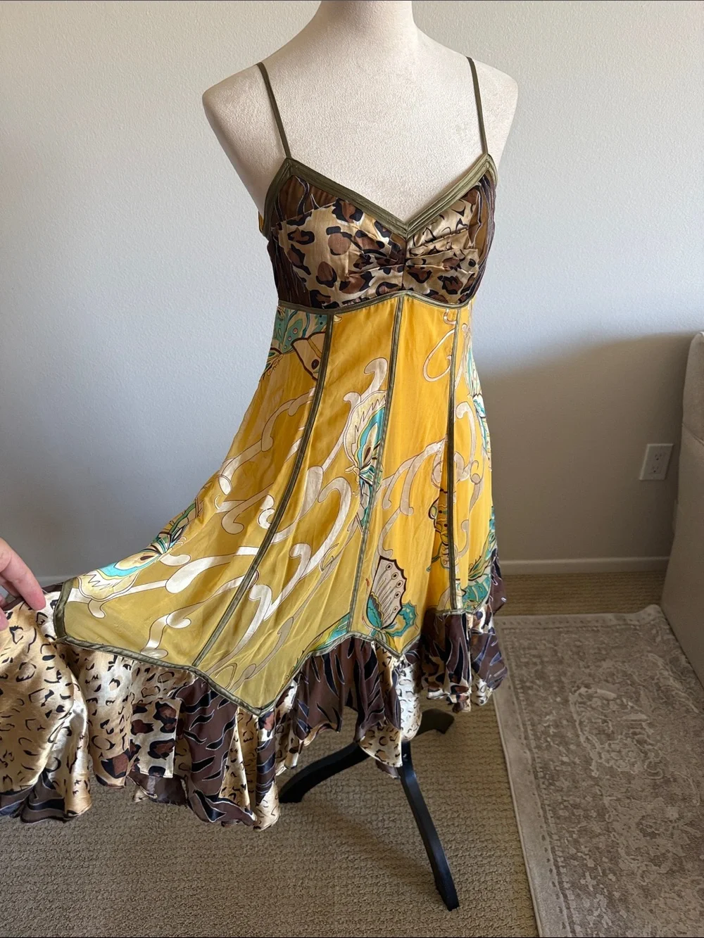Sue Wong Mustard Yellow and Brown Floral Silk Slip Dress - Picture 2 of 10